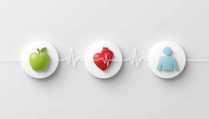 A healthy lifestyle concept with a green apple, heart, and human icon connected by a pulse line on a white background