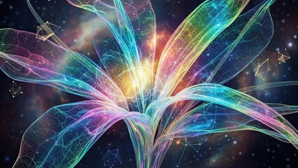 Vibrant cosmic energy burst with multicolored light trails and quantum particles in a surreal