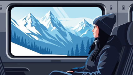 Winter Travel Through Snowy Mountains A Serene Vector Illustration of a Woman Gazing Out a Train Window © PDWN Creative
