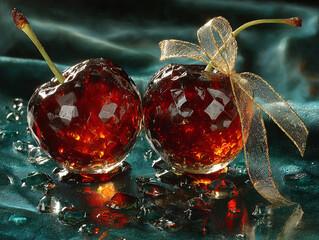 two ornamental cherries made of glass, adorned with a golden ribbon bow. They are placed on a reflective surface with a dark, textured background.