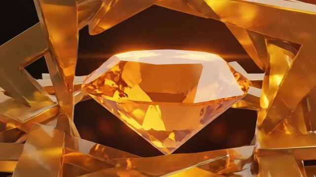 Abstract golden gemstone surrounded by reflective geometric star shapes