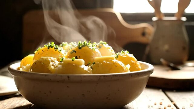 Steaming bowl of golden potatoes with butter and fresh herbs on a rustic wooden table close up
