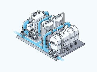 Isometric illustration of a fluid processing system with tanks pipes and pumps