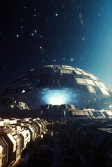 Epic science fiction giant spacecraft with glowing core in deep starry