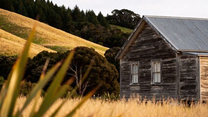 ゴールデンアワーに輝く田舎の家