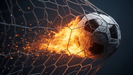 Fiery soccer ball crashing through goal net fiery explosion of speed and passion&mdash;capturing the thrill of a game-winning goal