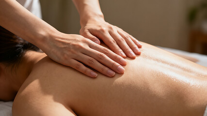 Close-up of a woman's hands giving a professional back massage to a client. Focus on therapeutic touch, warm lighting, and a wellness theme.