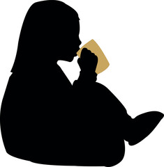 a girl drinking and sitting, silhouette vector