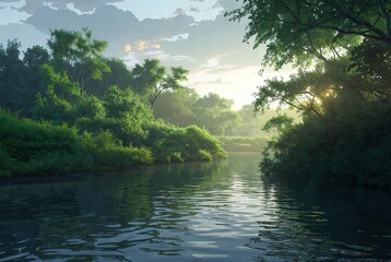 Lush green forest surrounds a serene river at sunrise with mist and soft