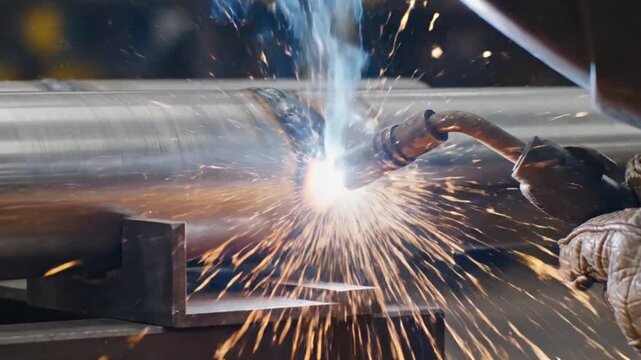 Industrial welding process with bright sparks showcasing skilled craftsmanship heavy manufacturing technology and precision metalwork in a modern factory environmen