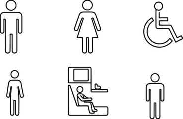 Six outline people icons vector illustration showing male female disabled child and passenger isolated on white background