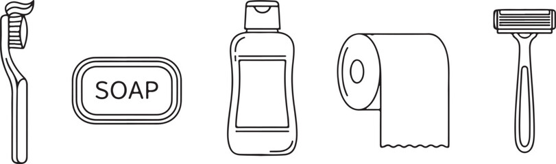 Toothbrush soap bottle toilet paper razor personal hygiene icon illustration vector isolated on white background