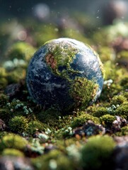 Close-up of an Earth-like planet covered in moss and algae