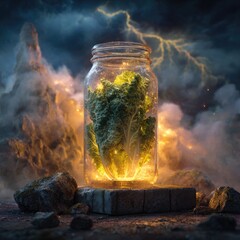 A mystical glowing glass jar filled with the cannabis plant, surrounded by dramatic storm clouds and rocks
