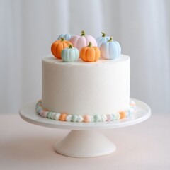 This Halloween cake is decorated with pumpkins and is ready to be served at a festive party