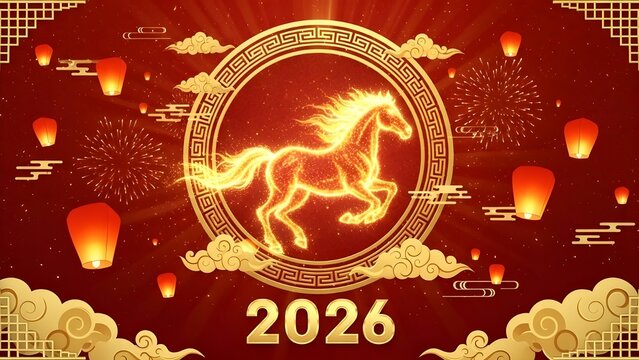 Golden Fire Horse 2026 Chinese New Year Celebration Background. Vibrant festive digital illustration for Chinese New Year 2026, the Year of the Fire Horse.A majestic, dynamic golden horse with flowing