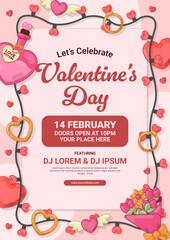 Valentine's Day Party Flyer with Heart String Lights and Flowers