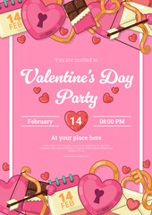 Valentine&rsquo;s Day Party Invitation Card with Cute Romantic Icons