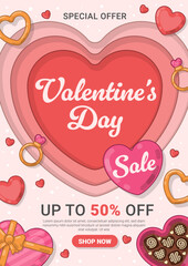 Valentine's Day Sale Poster with Giant Heart and Chocolate Gift Boxes