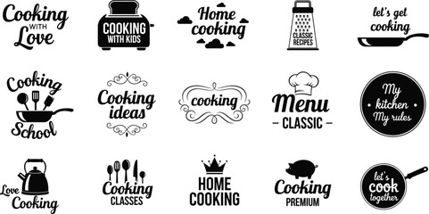 Cooking typography logo set with kitchen utensils and food elements, culinary branding design for restaurants and home cooking © Sarmen Creative