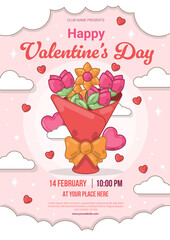 Valentine&rsquo;s Day Party Invitation with Bouquet of Flowers and clouds