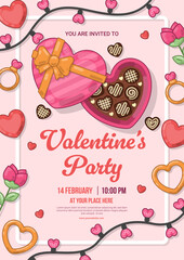 Valentine&rsquo;s Day Party Poster with Chocolate Gift Box and Hearts