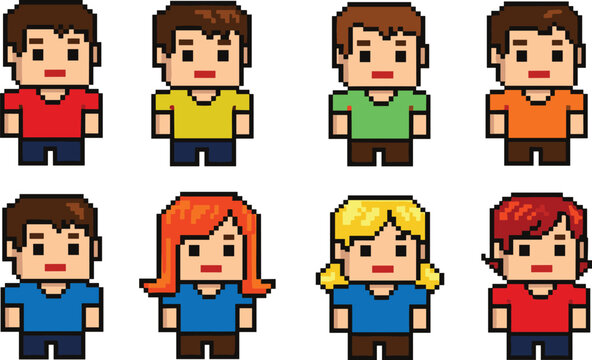 Pixel art character avatar set illustration, retro 8 bit people icons isolated on white background for game design