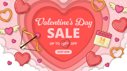 Creative Valentine's Day Sale Background with Layered Hearts, Cupid Arrow and love shaped