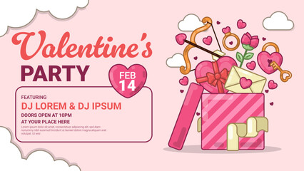 Valentine's Party Landscape Banner with Gift Box and romantic elements.