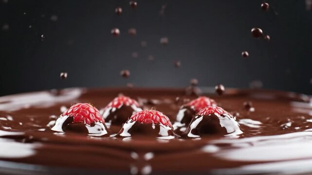 A splash of rich, dark chocolate with raspberries creating a crown-like formation, dynamic