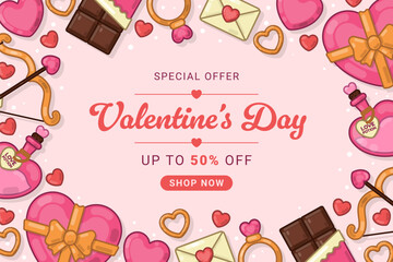 Valentine&rsquo;s Day Sale Banner with Cute Romantic Icon Border