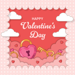 Happy Valentine&rsquo;s Day Square Banner with Clouds, Heart Lock and key