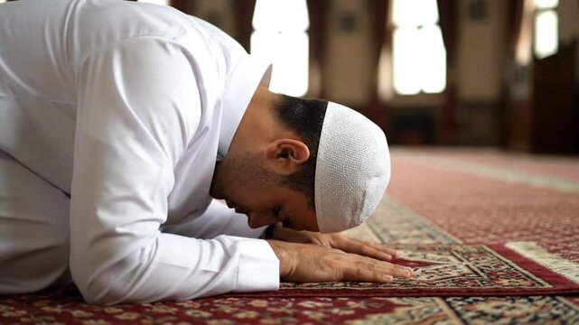 Devout Muslim man performing prayer in a mosque on a prayer mat