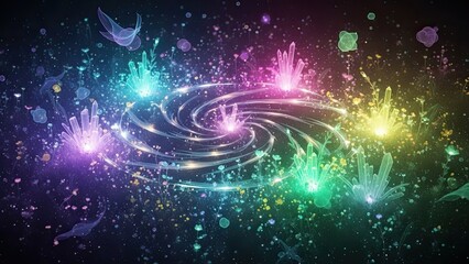 Vibrant cosmic phenomenon with glowing crystalline formations and swirling energy patterns