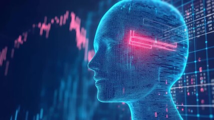 Futuristic digital representation of a human head with data visualization and technology elements - Powered by Adobe