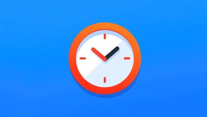 Simple clock icon, orange & red hands, white face on vivid blue background