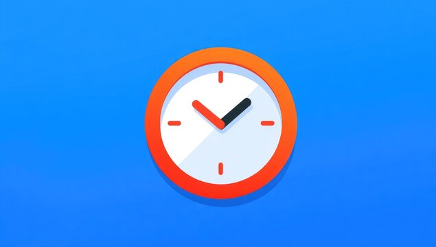 Simple clock icon, orange & red hands, white face on vivid blue background - Powered by Adobe