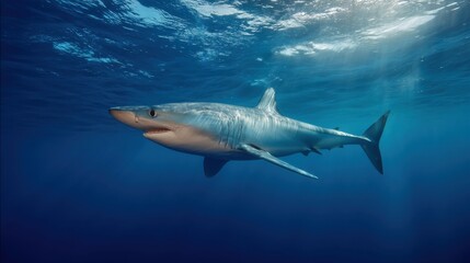 Fototapeta premium Majestic shark swimming in deep ocean with sunlight filtering through water.