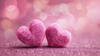 Fototapeta premium Sparkling pink hearts on glittering background for romantic celebration.