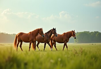 Obraz premium Majestic Equine Companions Symbolizing Emotional Recovery Journey amidst Lush Green Pastures and Blue Sky