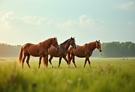 Majestic Equine Companions Symbolizing Emotional Recovery Journey amidst Lush Green Pastures and Blue Sky