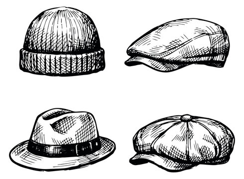Hand drawn hats set featuring a beanie, flat cap, fedora, and newsboy cap for fashion and apparel