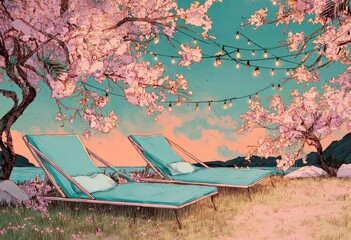 Pastel-hued outdoor scene with lounge chairs, cherry blossoms, and string lights