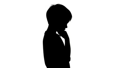 Silhouette of a child thinking, isolated on white background, pensive mood