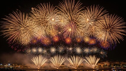 A breathtaking nocturnal pyrotechnic spectacle illuminating the dark sky with a grand display of vibrant fireworks over a scenic waterfront, capturing the joyous essence of a celebratory event