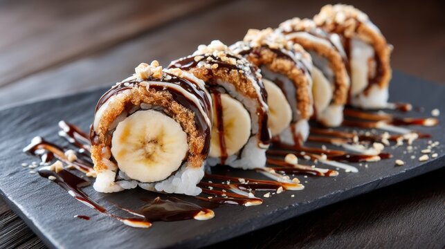 Creative dessert sushi with banana, chocolate drizzle, and crunchy toppings on slate plate.