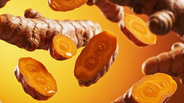 Turmeric Root and Slices Floating on Orange Background, Slow Motion