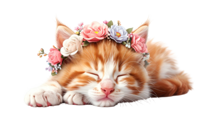 Adorable ginger tabby kitten asleep, adorned with a colorful floral crown