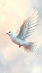 Obraz premium White dove flying against a soft blurred pastel background 