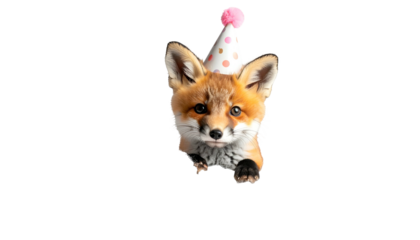 Adorable fox cub with brown fur and blue eyes, wearing a party hat, isolated on black